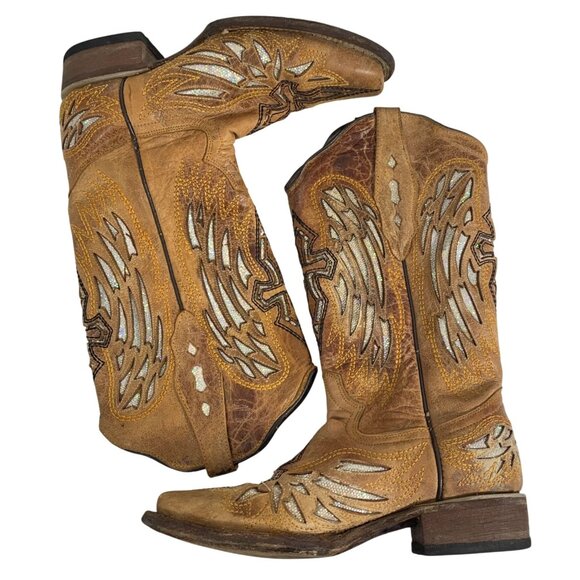 Tan Leather Western Boots w/ Sparkly Cross Wings Embroidery Womens SZ 6.5 B FLAW - Picture 1 of 8